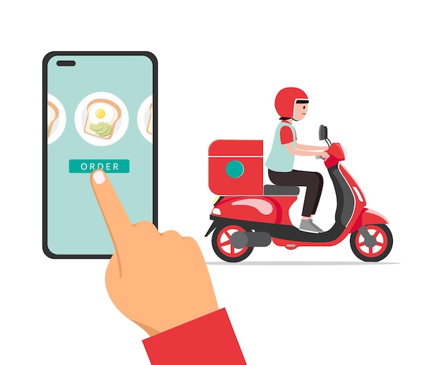 Fast food delivery app and delivery woman Premium Vector