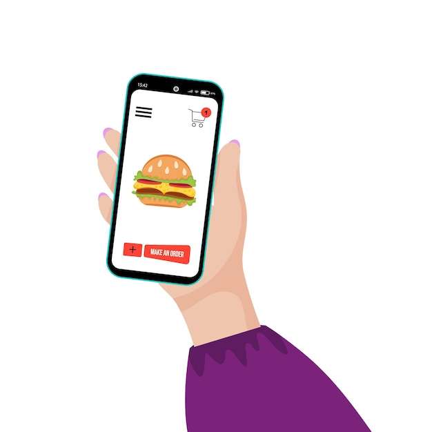 Fast food delivery service The concept of an online delivery service for burger pizza fast food Vector flat illustration