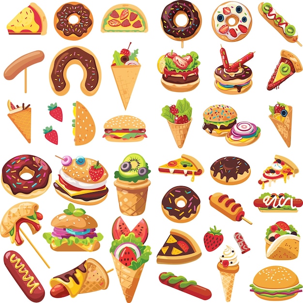 Vector fast food and desserts icons set cartoon style