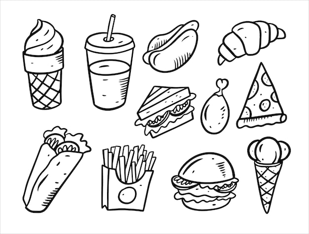 Fast food doodle elements set isolated on white