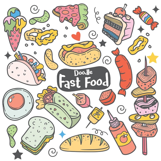 Fast Food Doodle Line Art Illustration Hand Drawn Vector Clip Art Banner Set Logos