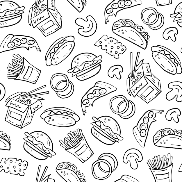 Fast food doodle seamless pattern cartoon style