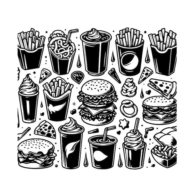 fast food doodle set isolated silhouette vector