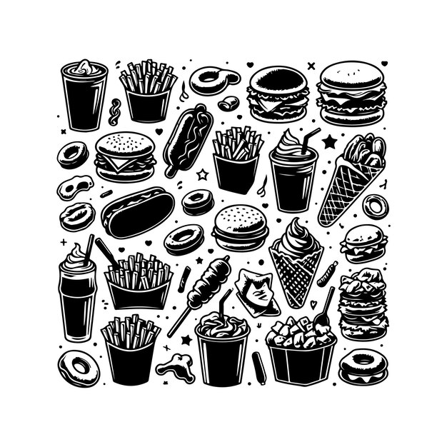 fast food doodle set isolated silhouette vector