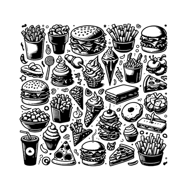 fast food doodle set isolated silhouette vector