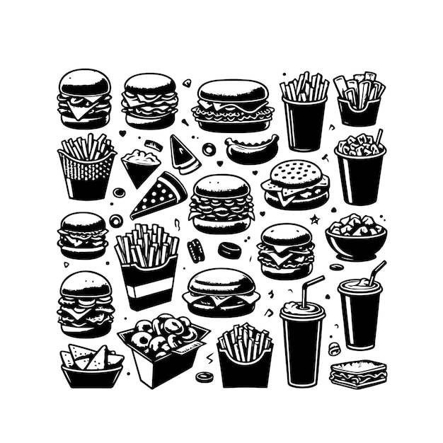 fast food doodle set isolated silhouette vector