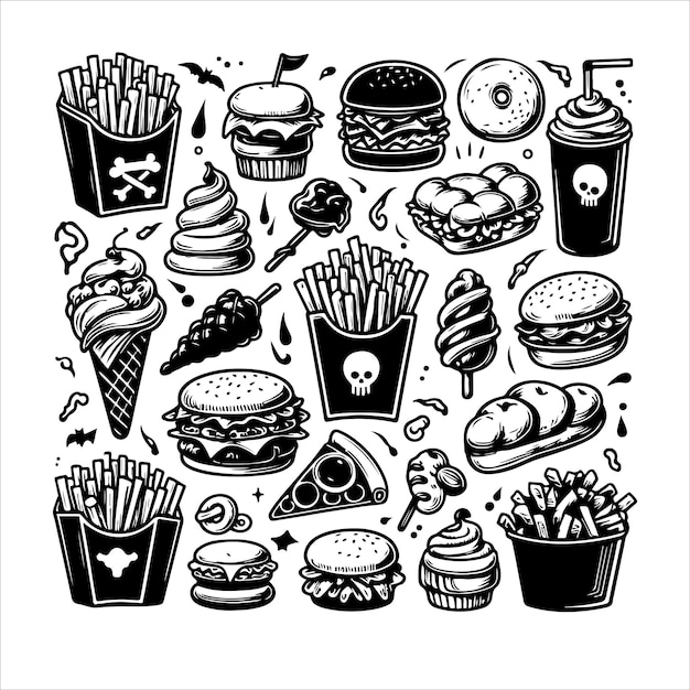 Fast food doodle set silhouette vector illustration