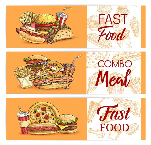 Vector fast food drinks meals banners takeaway fastfood