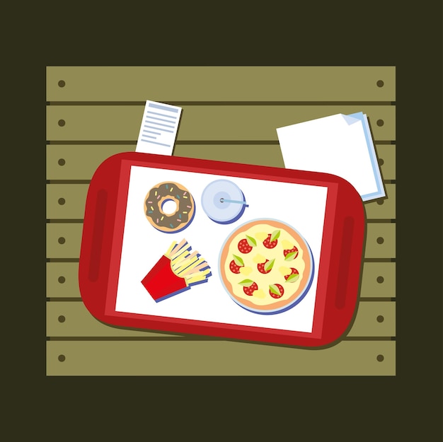 Fast food in the flat style Tray with soda pizza donuts and fries Vector illustration