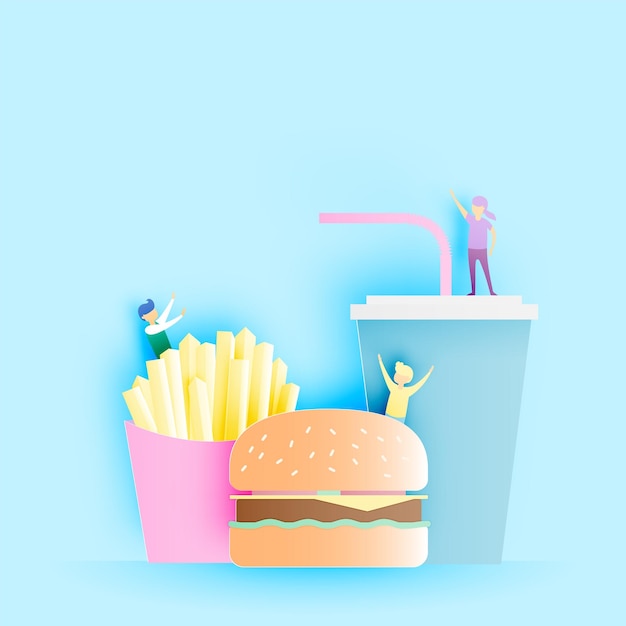 Fast food Hamburger and soft drink with french fries in paper art style