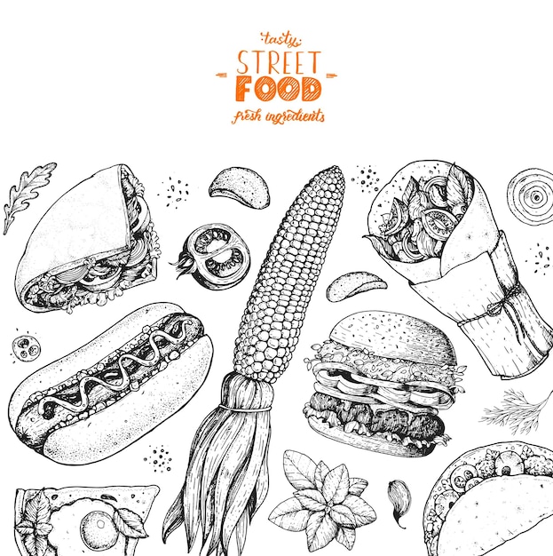 Fast food hand drawn sketch collection Vector illustration Junk food set Engraved style illustration Street food design template