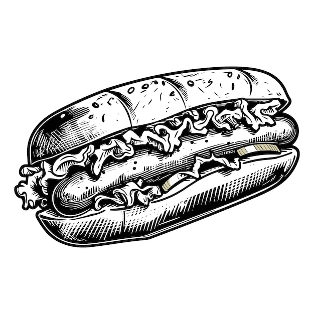 Fast food hot dog with sausage and sauce engraving sketch vector illustration