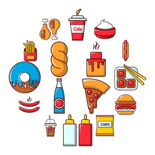 Fast food icon set, cartoon style