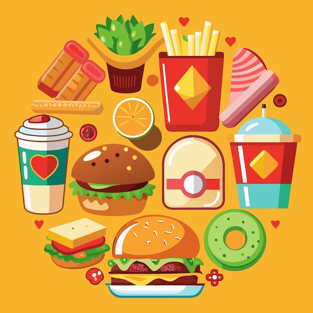 Vector fast food icons in a circle with various food items like burgers fries milkshakes and donuts