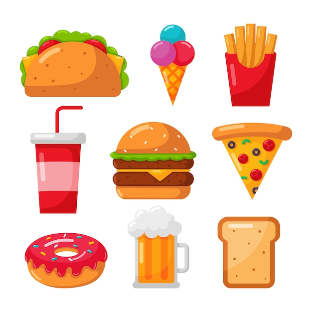 fast food icons set cartoon style isolated on white