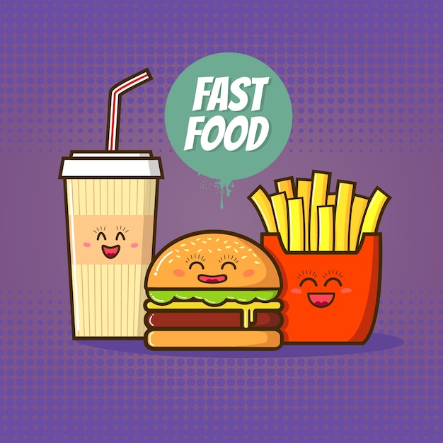 Fast food illustration. Funny cola, burger and french fries in cartoon style.