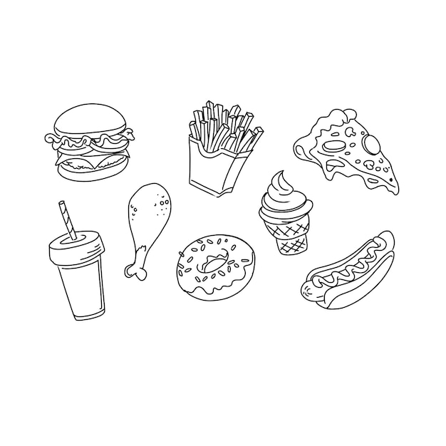 fast food junk food hand drawn doodle illustrations vector set