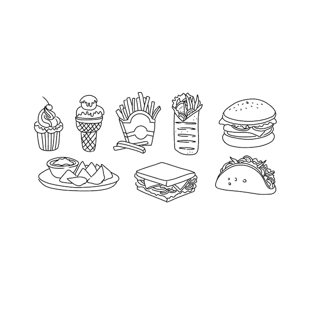 fast food junk food hand drawn doodle illustrations vector set