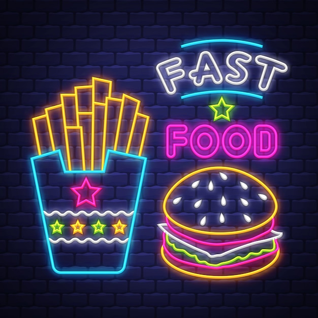 Fast Food - Neon Sign Vector. Fast Food - neon sign on brick wall background