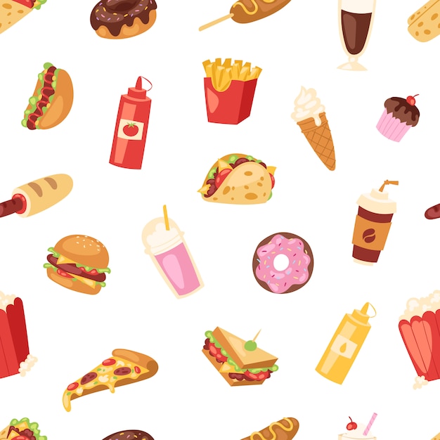 Fast food  nutrition american hamburger or cheeseburger unhealthy eating concept junk fast-food snacks burger or sandwich and soda drink illustration seamless pattern background