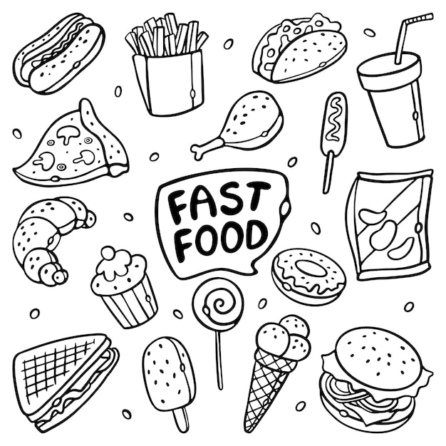 Fast Food outline doodle cartoon Set Street Food Concept Premium Vector