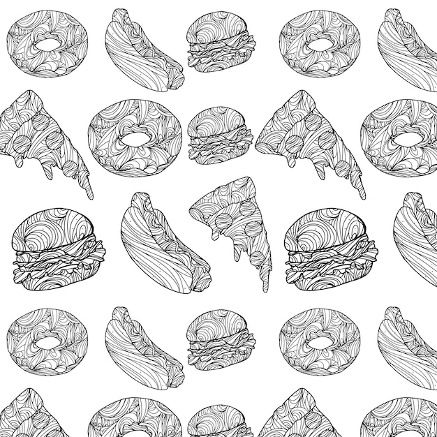 Fast food pattern vector line of hamburger pizza hot dog background tasty unhealthy lunch