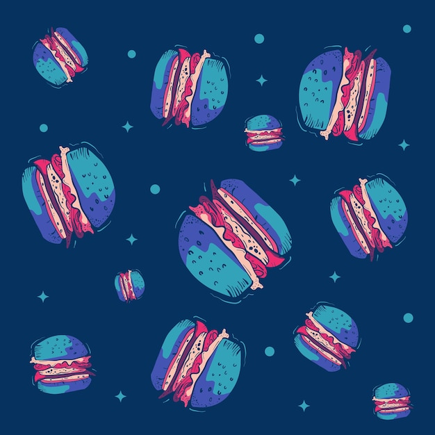 Fast food pattern with colorful burgers on blue background.