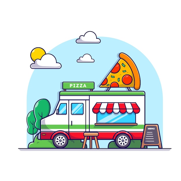 Fast food pizza truck in the park. with big tasty pizza, illustration cartoon white isolated