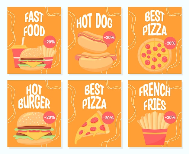 Fast food poster set flyers m hamburger hot dog french fries pizza Discount flyers Vector illustration