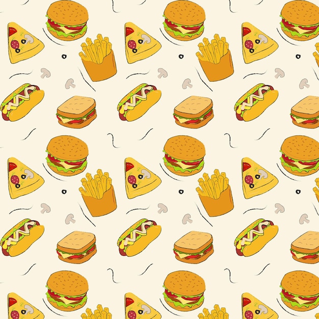 Fast food seamless pattern hamburgers French fries hot dogspizzas a glass of drinkvector illustration