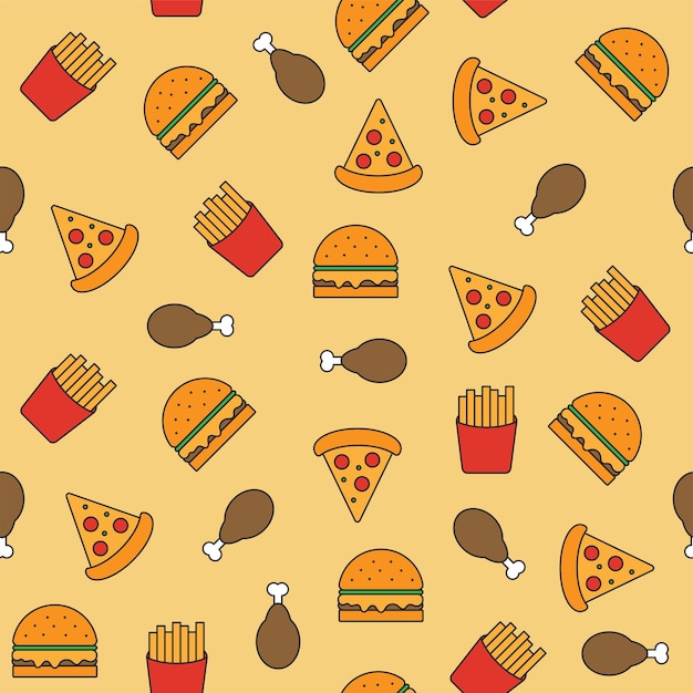 Fast food seamless pattern pattern with burger pizza french fries chicken