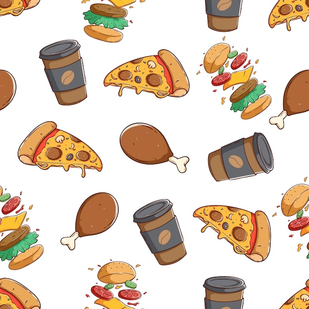 fast food seamless pattern with colored hand draw sytle