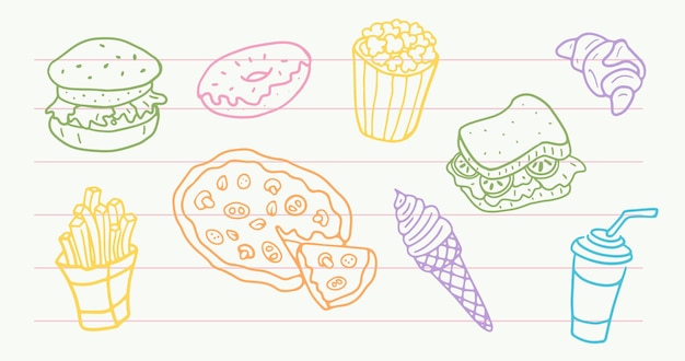 Fast Food Set in Doodle style Hand drawn Illustration