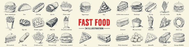 Vector fast food set hand drawn vector illustration hamburger cheeseburger sandwich pizza chicken taco french fries hot dog doughnuts burrito and cola engraved style sketch isolated on white