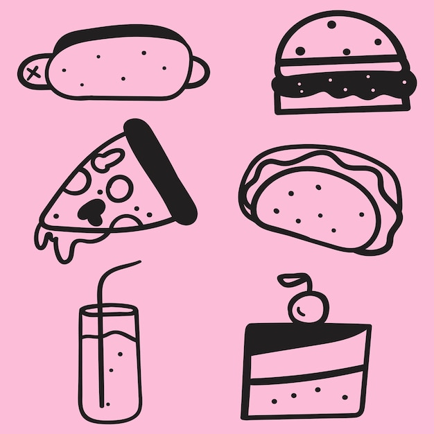 Fast food. Set of outline icons on pink background.