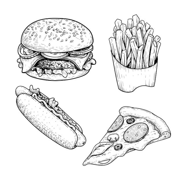 Fast food sketch set. Hamburger, french fries, hot dog and pepperoni pizza slice. Hand drawn illustrations