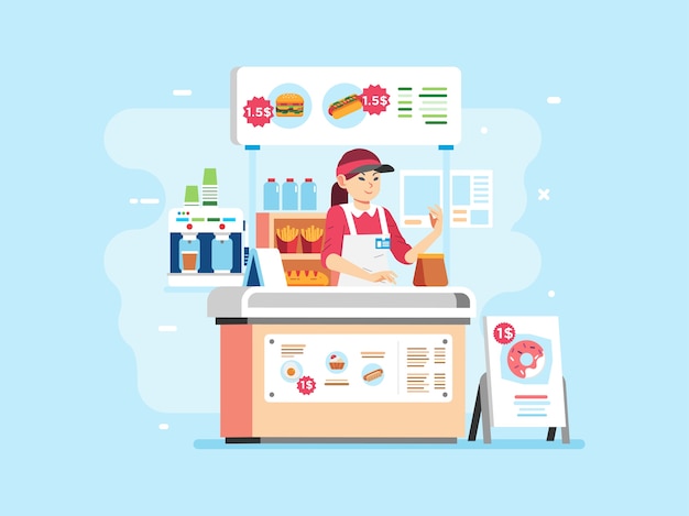 Fast food small stand selling hamburger, hotdog, doughnout and beverage with woman character as cashier, wearing uniform and hat. used for poster, website image and other