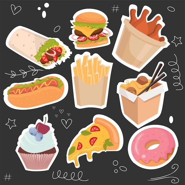 Fast food sticker set on black background