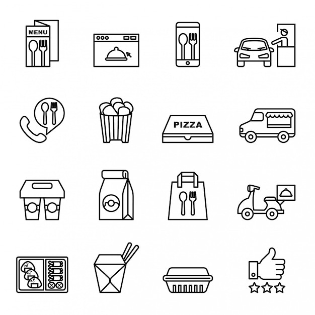 Fast food, Take away, Package icons for delivery. Thin Line Style stock vector.