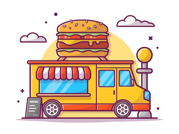 Fast Food Truck. Van Retro Vintage Shop with Big Tasty Hamburger, Illustration White Isolated