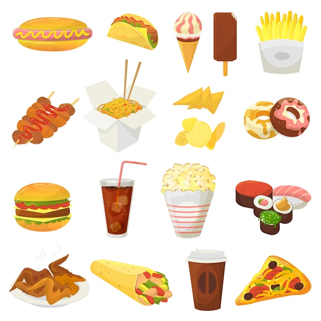 Fast food vector hamburger or cheeseburger with chicken wings and eating junk fastfood snacks burger...