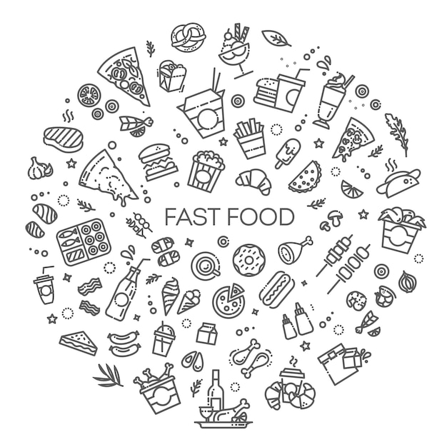 Fast food vector outline icons set Cooking