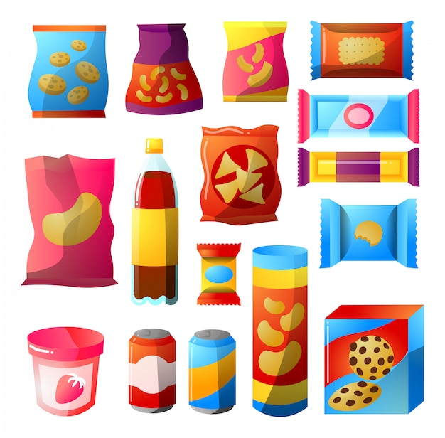 Fast food, Vending products packages design set.   illustration in the flat cartoon style.