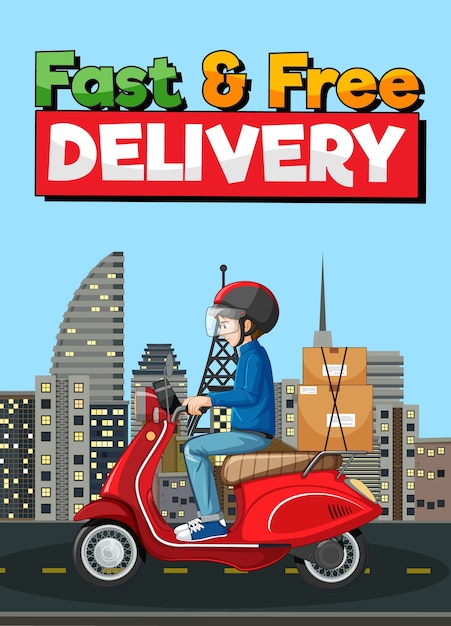 Fast and free delivery logo with bike man or courier riding in the city