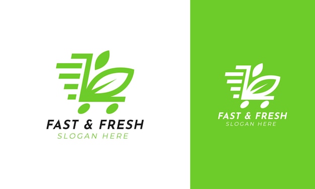 Fast and fresh market logo with leaf and shop cart concept