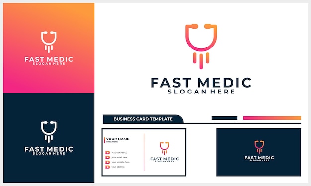 fast medical stethoscope with rocket logo design concept with business card template