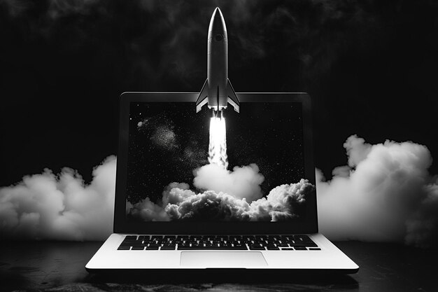 Vector fast speed technology concept with 3d rendering space shuttle out of notebook computer