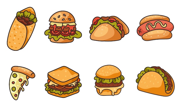 Fast street food burger, pizza, sandwich, taco isolated set doodle line art style concept set