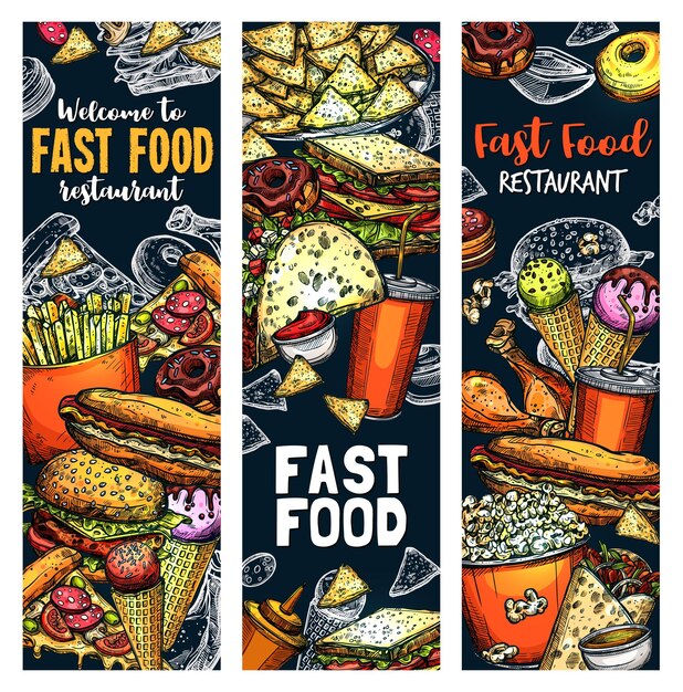 Vector fastfood burgers and sandwiches food vector sketch