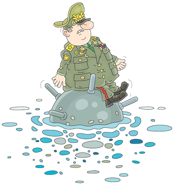 Fat angry army general on a naval anti-ship mine drifting in a sea away from a coast